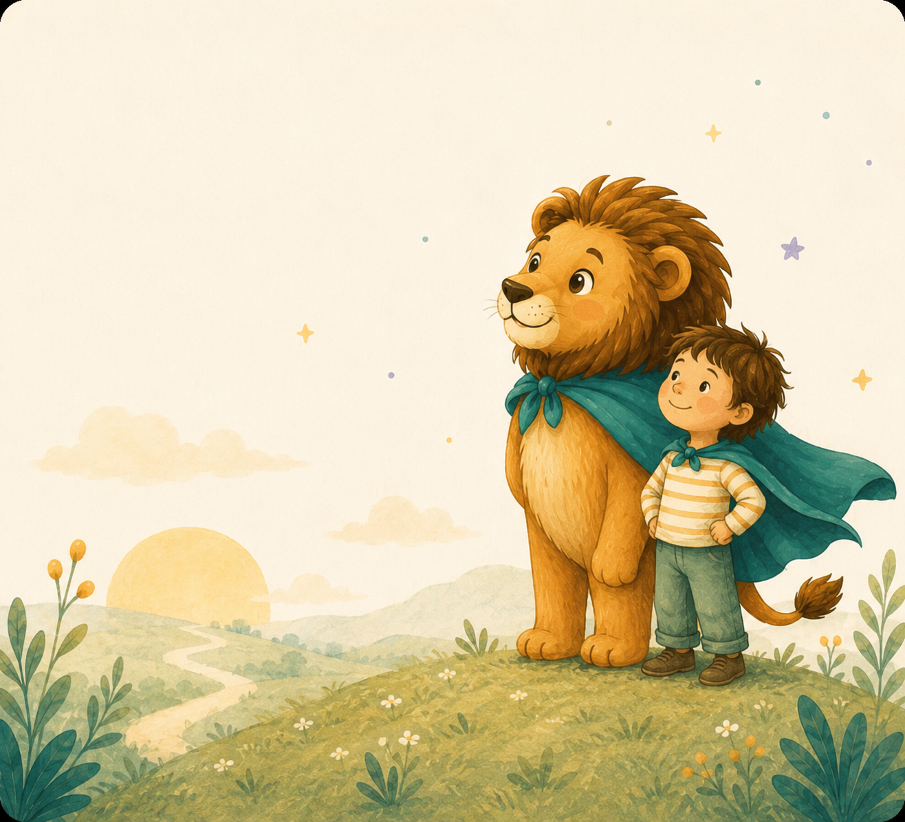 A friendly lion mascot in a navy cape standing next to a smiling child