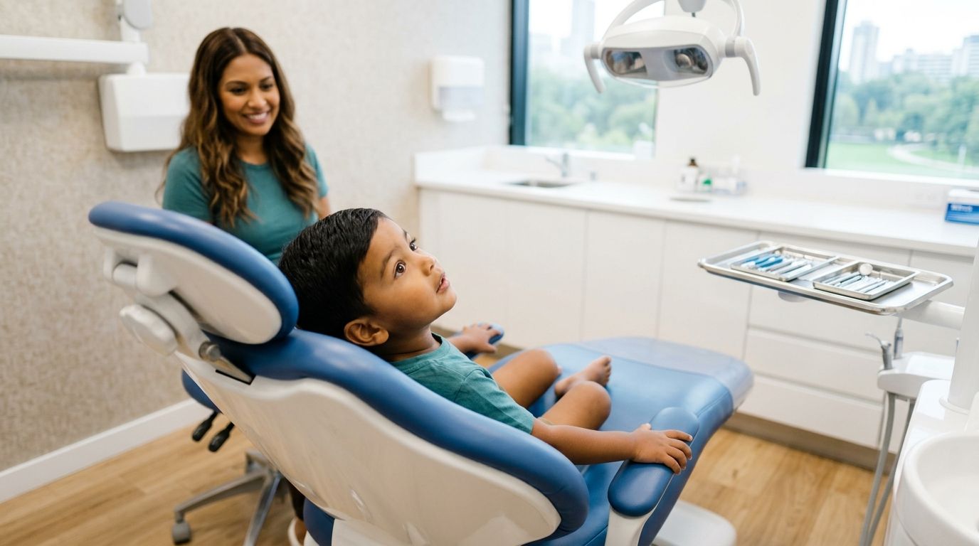 I sit in the big, blue dentist chair.