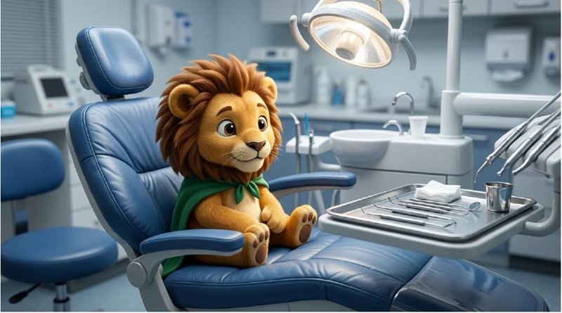 I sit in the big, blue dentist chair.