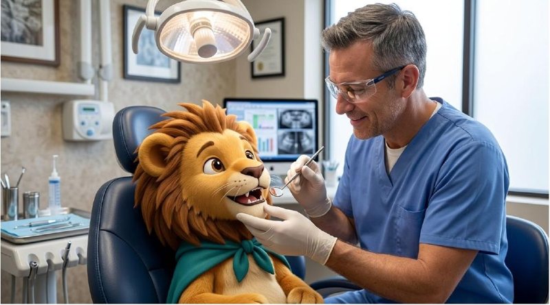 The dentist uses a small mirror to look inside.
