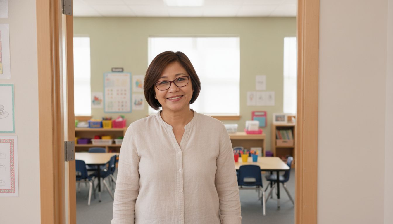 Mrs Chen waits at the classroom door.