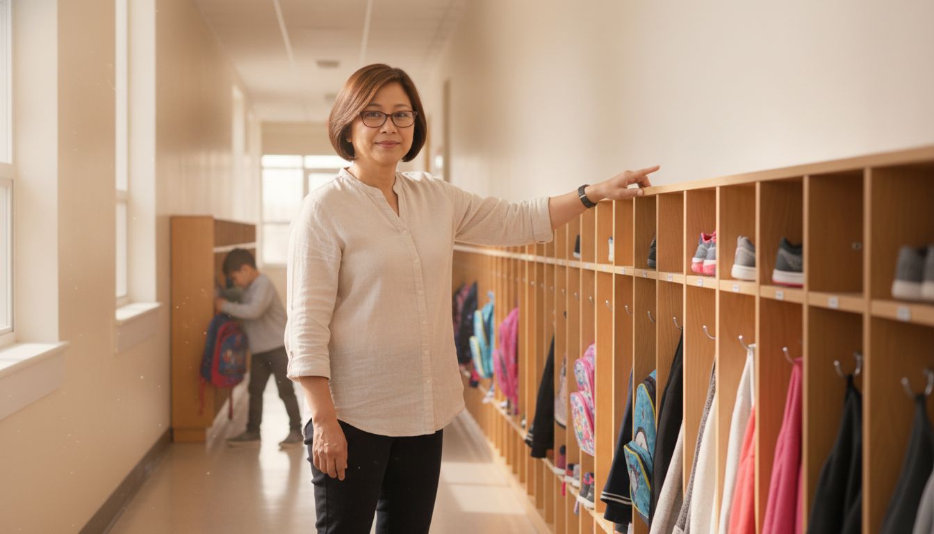 Mrs Chen shows me the bag hooks.