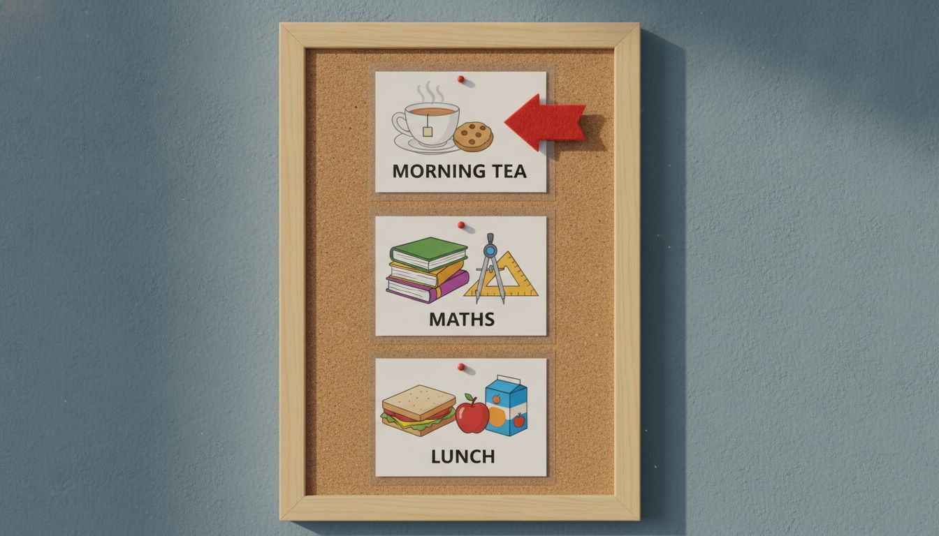 The visual schedule shows the day's plan.